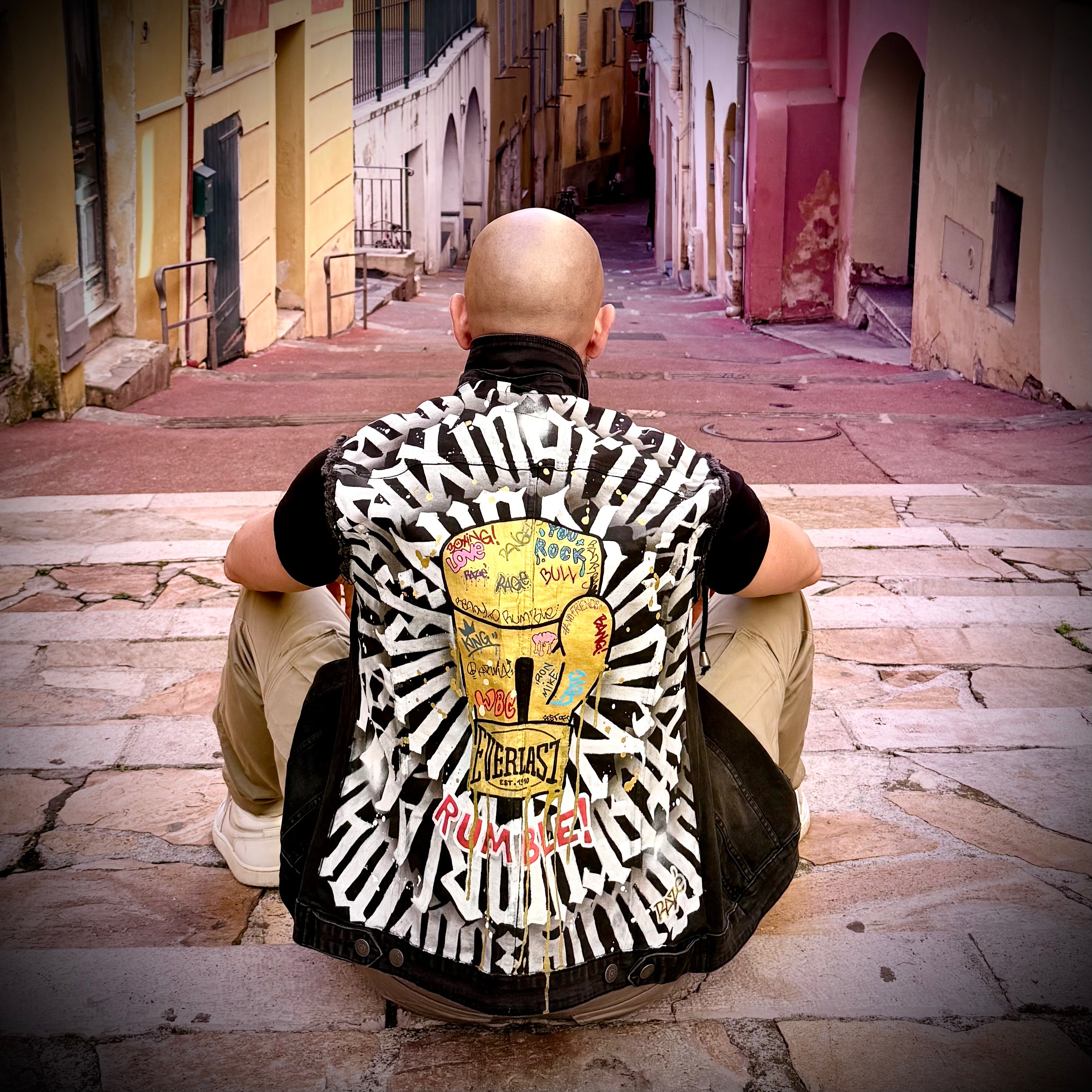 Hand-painted denim jacket by Niçois artist Razé, featuring calligraffiti inspired by Nice, spirituality and combat sports. Unique wearable artwork, some pieces ritually blessed by a shaman or priest.
