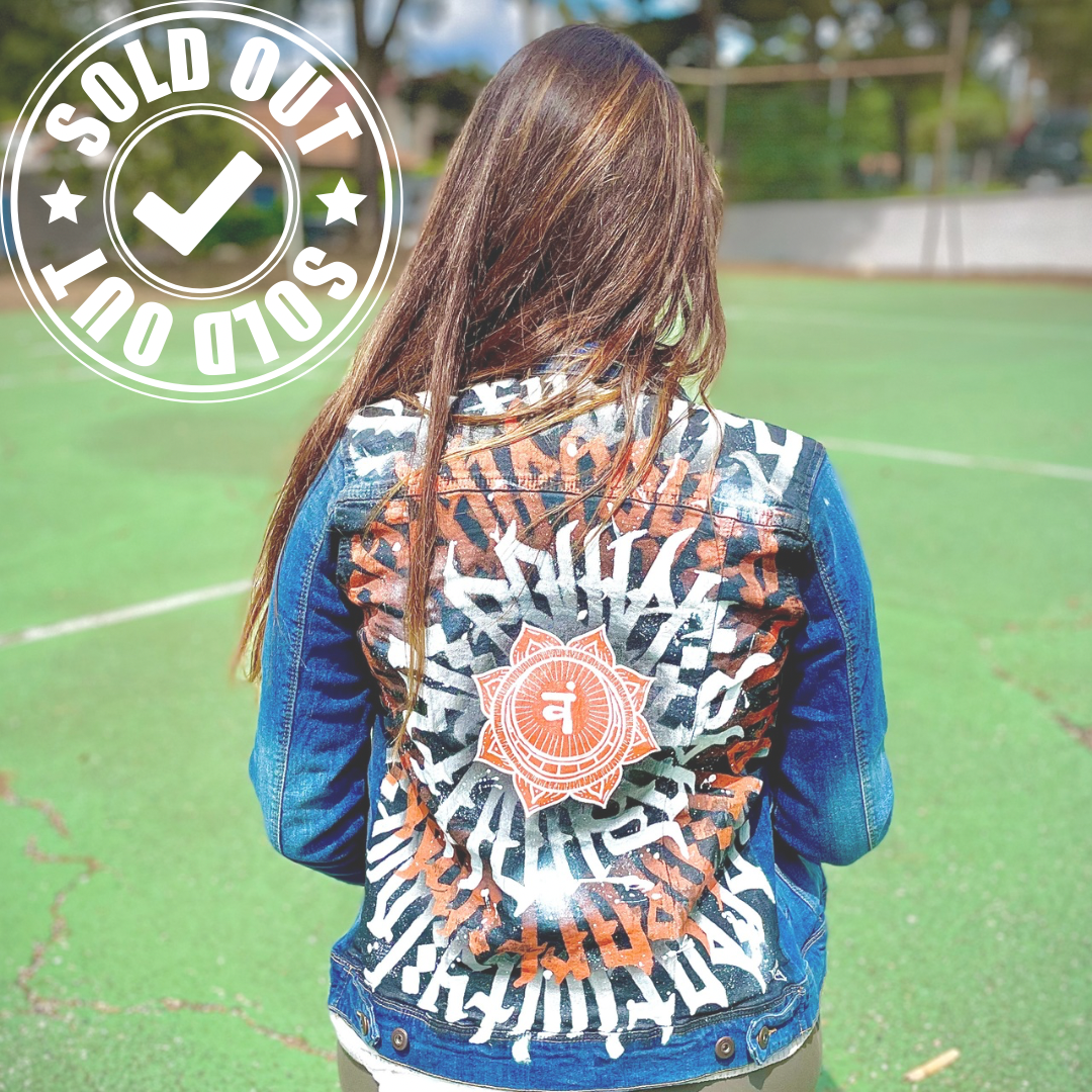 Hand-painted denim jacket by Niçois artist Razé, featuring calligraffiti inspired by Nice, spirituality and combat sports. Unique wearable artwork, some pieces ritually blessed by a shaman or priest.